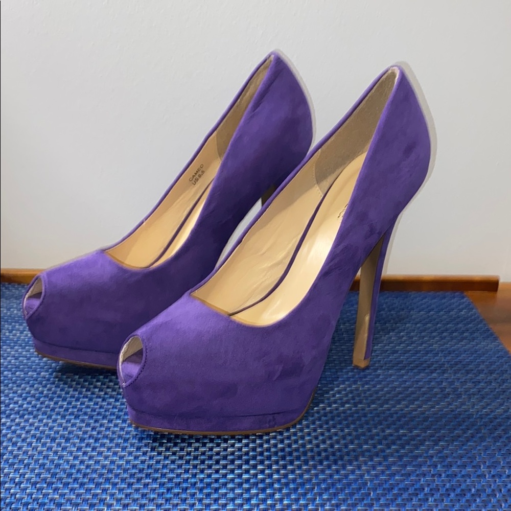Shoedazzle Cameo purple peeptoe platform stilettos, sz. 9.5